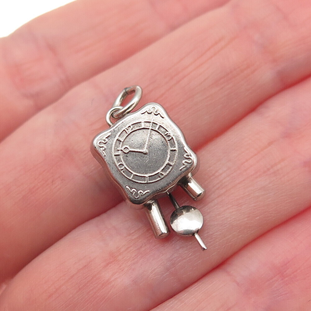 800 Silver Antique Art Deco Pendulum Clock 3D Mini Charm Pendant